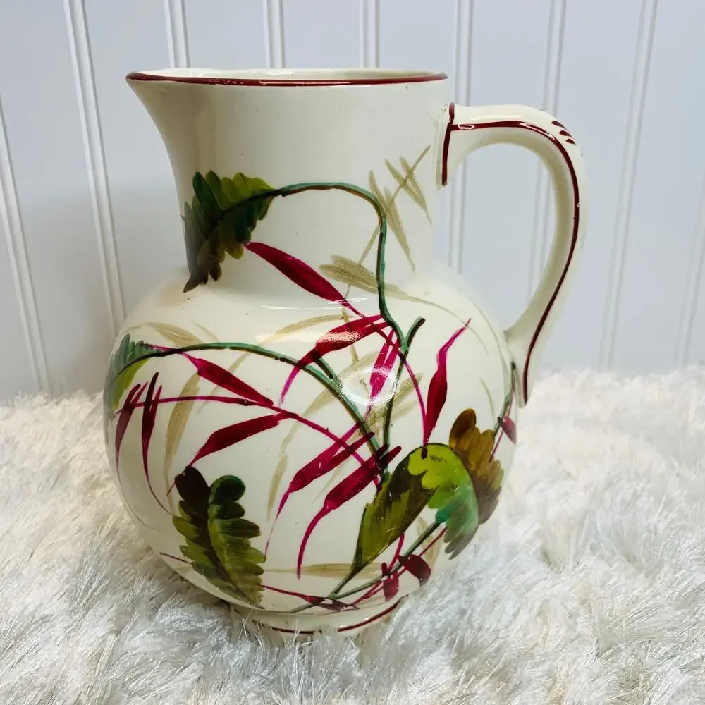 Handpainted Pitcher Vintage Green Red Leaves Tropical 8 x 6